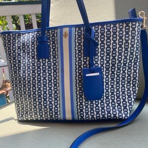 Tory Burch Gemini Link striped Canvas Tote large bag. Blue/white.